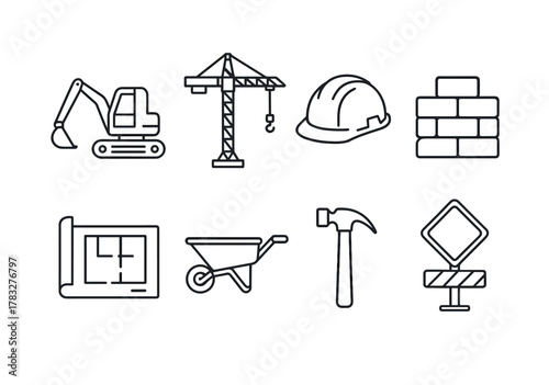 Construction icons set: excavator, crane, hard hat, bricks, blueprint, wheelbarrow, hammer, sign