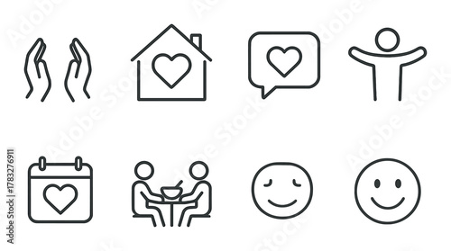 Minimalist icons symbolizing love, care, community, and happiness