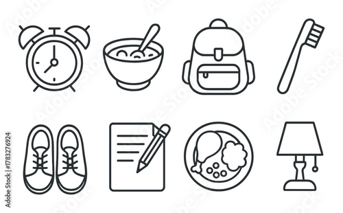 Daily routine icons: alarm, breakfast, backpack, toothbrush, shoes, notes, meal, lamp