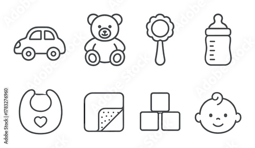 Baby essentials icons: car, teddy, rattle, bottle, bib, blanket, blocks, baby face
