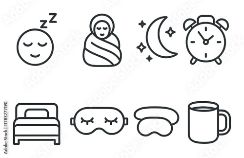 Sleep icons set: bed, alarm clock, sleepy face, moon, coffee cup, night mask