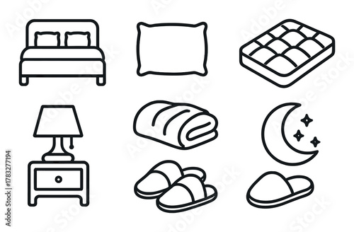 Bedroom essentials set: bed, pillow, mattress, lamp, blanket, slippers, moon