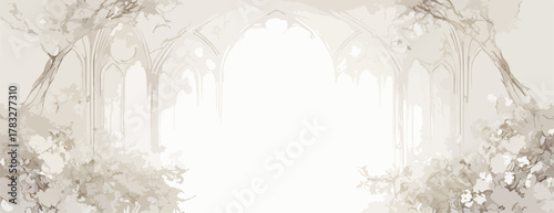 An enchanting light-toned vector background featuring graceful architectural arches intertwined with soft, dreamlike botanical elements.