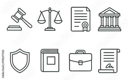 Legal icons set featuring gavel, scales, document, courthouse, shield, book, briefcase, contract