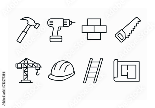Construction tools and equipment icons: hammer, drill, saw, crane, helmet, ladder, floor plan