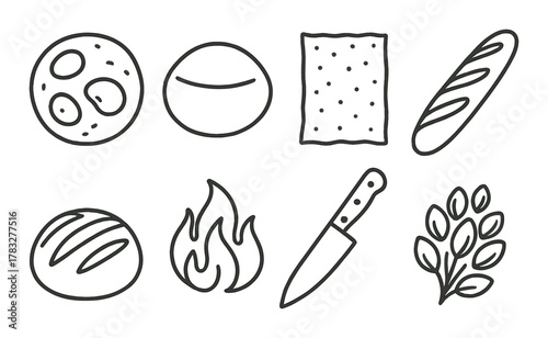 Bread icons: loaf, baguette, knife, wheat, fire - rustic baking symbols