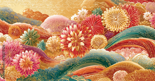 A vibrant, stylized abstract landscape featuring an abundance of colorful, intricate floral elements and organic shapes, creating a fantastical natural scene.