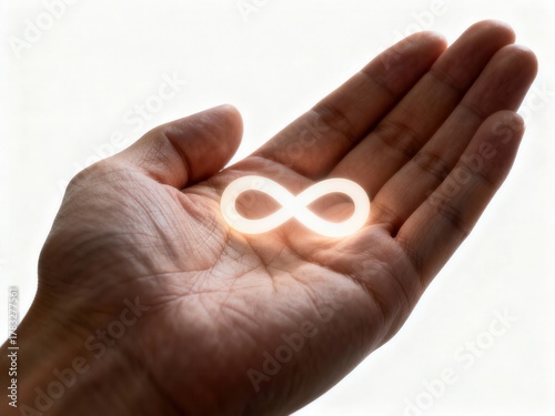 Hand holding glowing infinity symbol representing infinite possibilities and timeless concepts