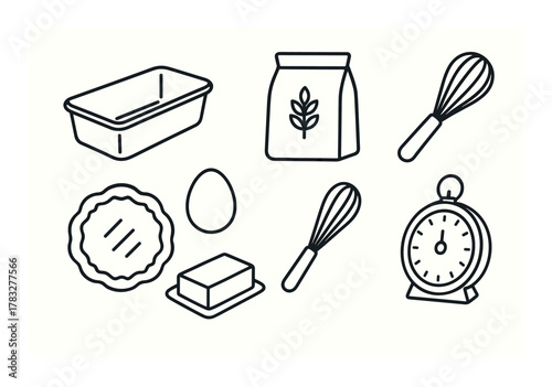 Baking essentials: pan, flour, whisk, egg, butter, timer icons set