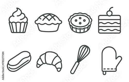 Various desserts and baking tools icons on dark background