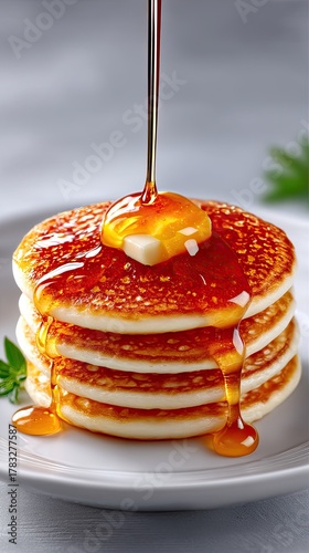 Golden Pancakes Stacked High With Butter Melting And Syrup Drizzling Slowly On A White Plate With Green Herb Accent Macro Shot In Natural Light