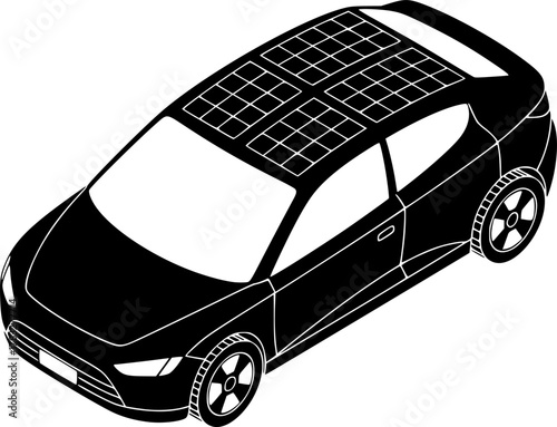 solar-powered car, sleek design, solar panels on roof, vector art