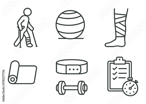 Rehabilitation equipment icons: crutches, exercise ball, ankle cast, yoga mat, wrist support, dumbbell