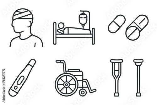 Medical icons set illustrating patient care and recovery aids
