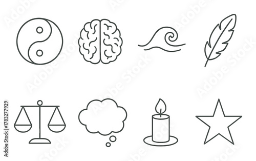 Yin yang, brain, wave, feather, balance, thought, candle, star symbols on gradient background