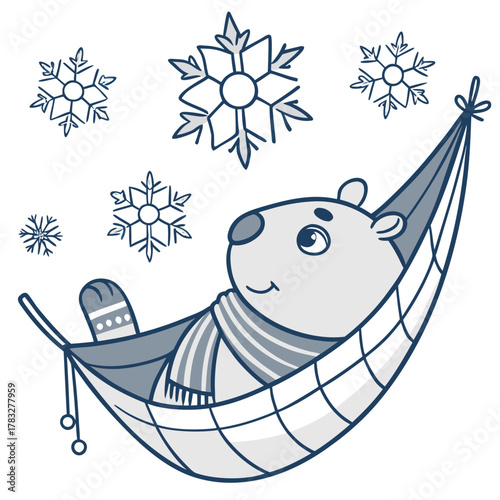 Cute SVG of a Playful Capybara in Frosty Winter colors, featuring in a hammock in a Cozy winter setting