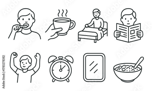 Morning routine icon set: brushing teeth, drinking coffee, reading, exercising, alarm clock, breakfast
