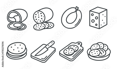 Various meat and cheese icons: sausages, cuts, slices, and blocks on dark background
