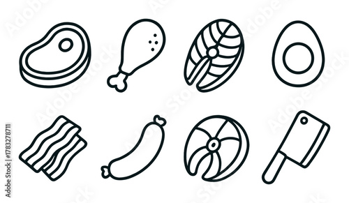 Outline icons of meat and food items with dark background