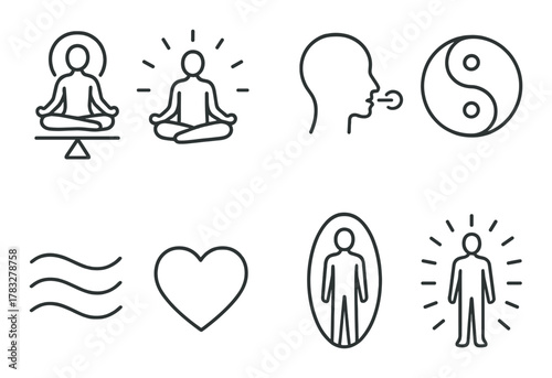 Symbols of meditation, balance, and wellbeing: yin yang, mindfulness, harmony, breath, heart