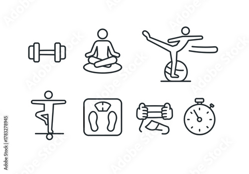 Line art icons of yoga, balance, and fitness equipment
