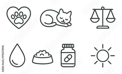 Animal care icons: heart, cat, scales, drop, food bowl, medicine, sun