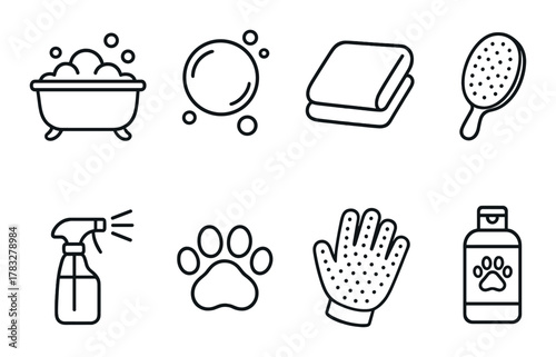 Pet grooming essentials: bath, brush, towel, spray, paw, glove, shampoo