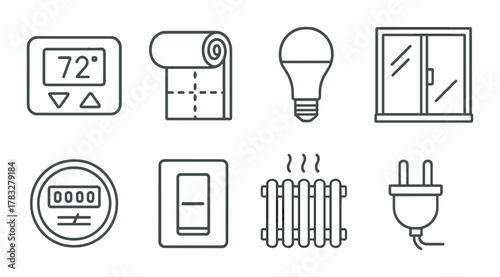 Energy efficiency icons including thermostat, insulation, light bulb, and radiator