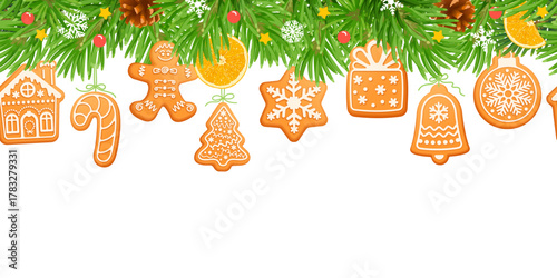 Christmas garland. Cute festive decorations with gingerbread cookies and spruce twigs. Various shaped icing gingerbreads, hanging on garland. New Year border and decor. Vector illustration