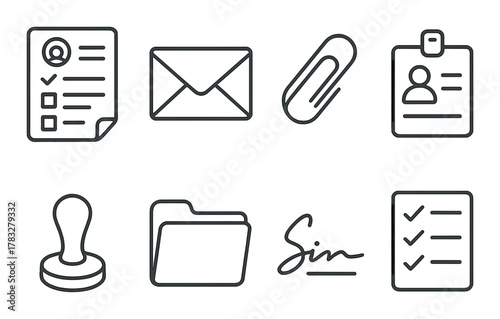 Monochrome office icons: email, checklist, folder, stamp, paperclip, id