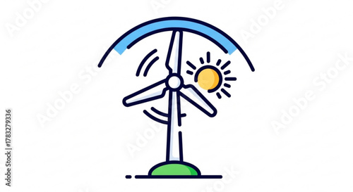 Wind turbine and solar energy illustration for renewable resources for sustainable power generation icon
