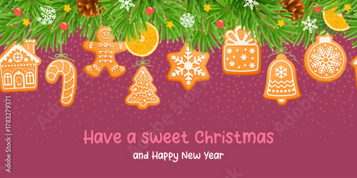 Christmas garland. Cute festive decorations with gingerbread cookies and spruce twigs. Various shaped icing gingerbreads, hanging on garland. New Year border and decor. Vector illustration