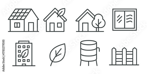 Eco-friendly housing icons: solar houses, green buildings, rainwater harvesting, sustainable design