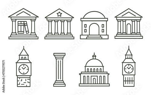 Minimalist architectural icons of classical buildings and landmarks
