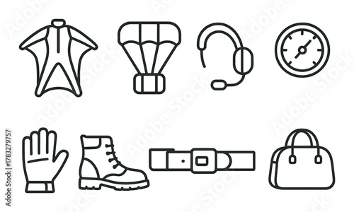 Essential skydiving gear outline collection: wingsuit, parachute, helmet, altimeter, glove, boot, belt, bag