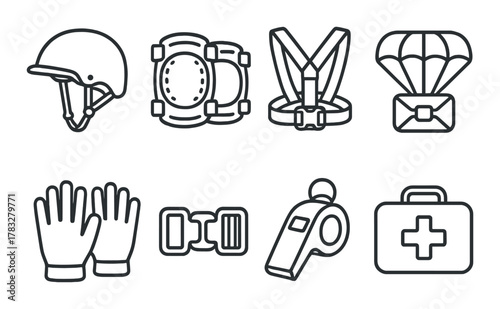 Collection of essential safety equipment icons for outdoor activities