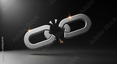 Broken chain link connection failure concept metaphor for disconnect and vulnerability symbol for weakness