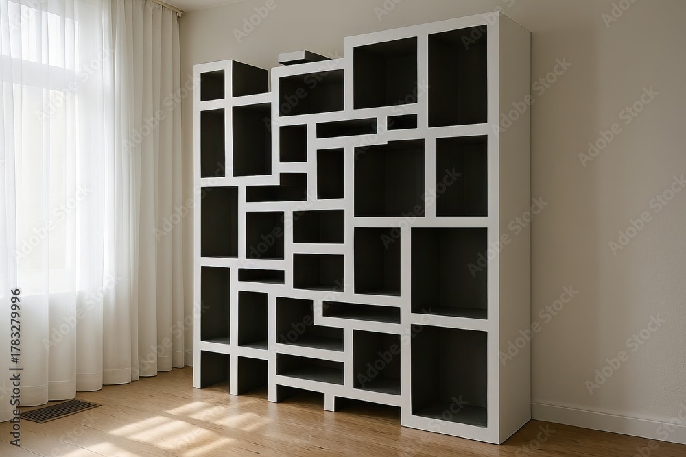 Fototapeta premium Modern geometric white bookcase with asymmetric black compartments creating bold contemporary storage wall display unit