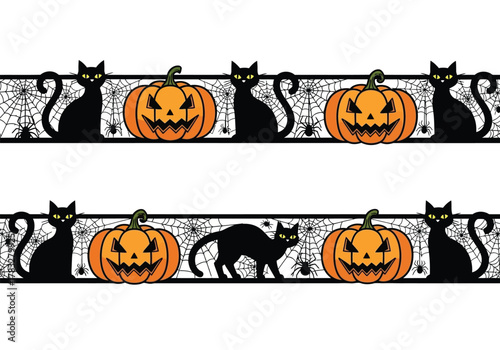 Seamless Halloween border pattern with black cats, carved pumpkins, and spiderweb lace.