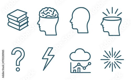 Brainstorm symbols: creativity, knowledge, innovation, and decision-making icons