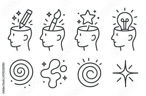 Creative mind icons with pencil brush star bulb and abstract elements on dark background