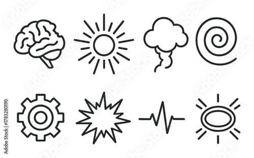 Collection of abstract icons including brain, sunburst, cloud, spiral, gear, explosion, pulse, and oval on olive background