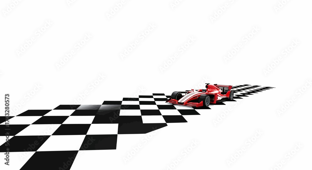 Naklejka premium Realistic Rendering Red Formula One Car Crossing the Finish Line