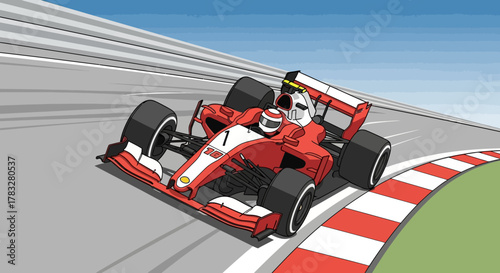 Cartoon Style Detailed Race Car Illustration with Driver on Track