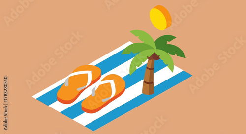Simple Flat Illustration of Beach Scene with Flip Flops and Palm Tree