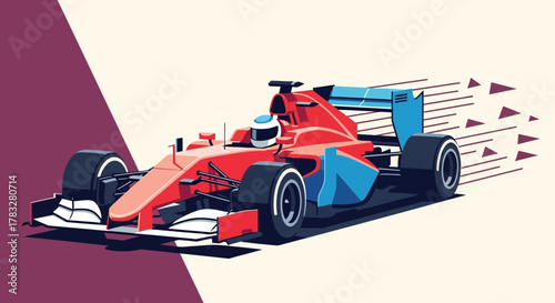Modern Flat Style Race Car Vehicle with Driver on the Road