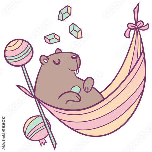 Cute Funny Capybara, accessorized with in a hammock, in a Birthday world – Candy Shop palette vector