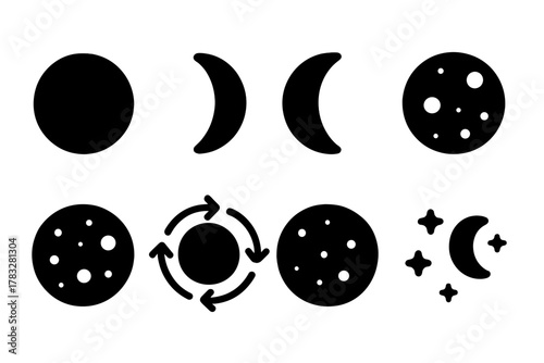 Moon Phases Icons. Moon Phases. Filled icon set of Moon Phases: new moon, crescent, half moon, gibbous, full