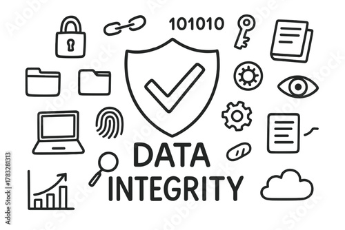 Data Integrity Doodle. Data Integrity. Hand-drawn doodle illustration of Data Integrity. In the middle, one