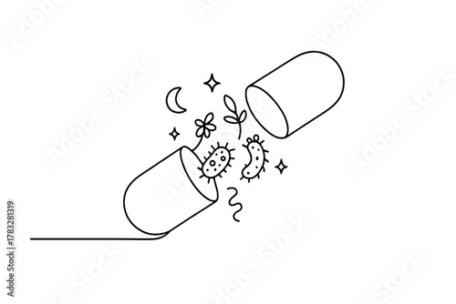 Space Capsule Release. Space Biology. Minimalistic one-line drawing open capsule releasing living organisms